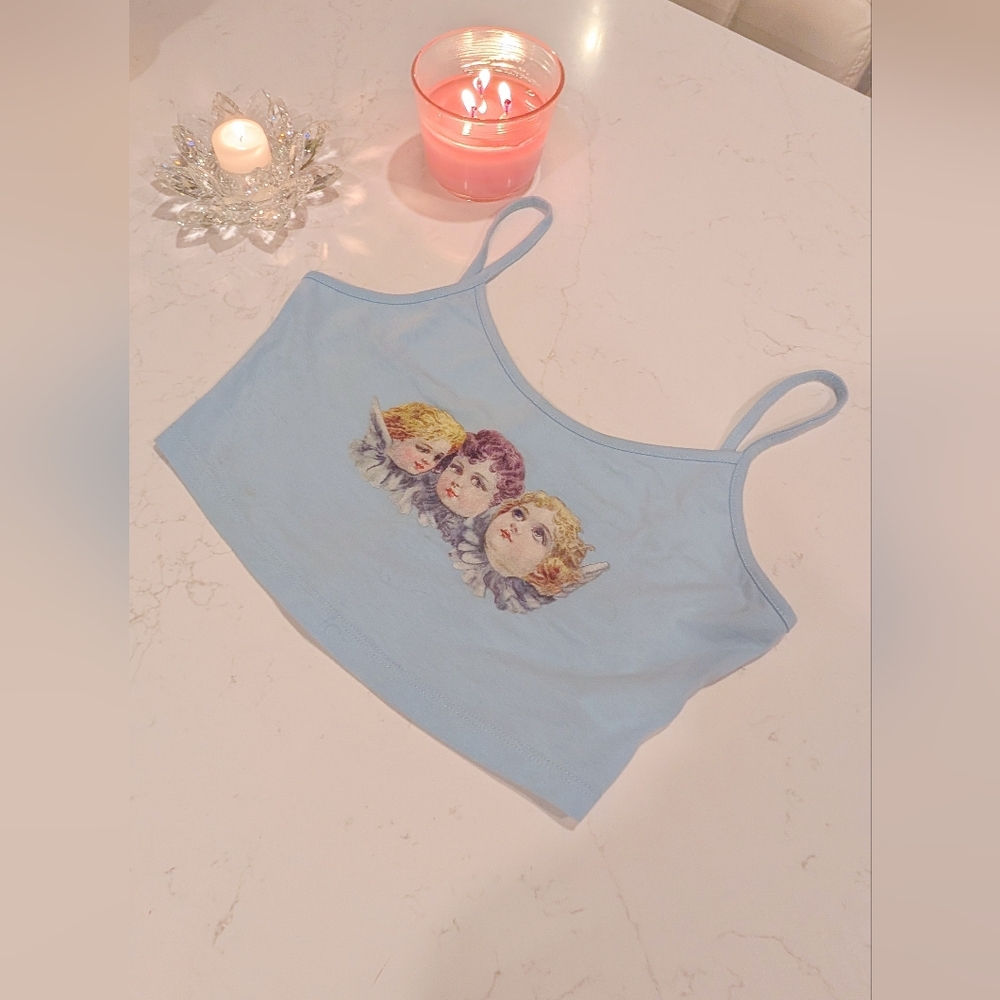 Blue Crop Top with Angel Print
